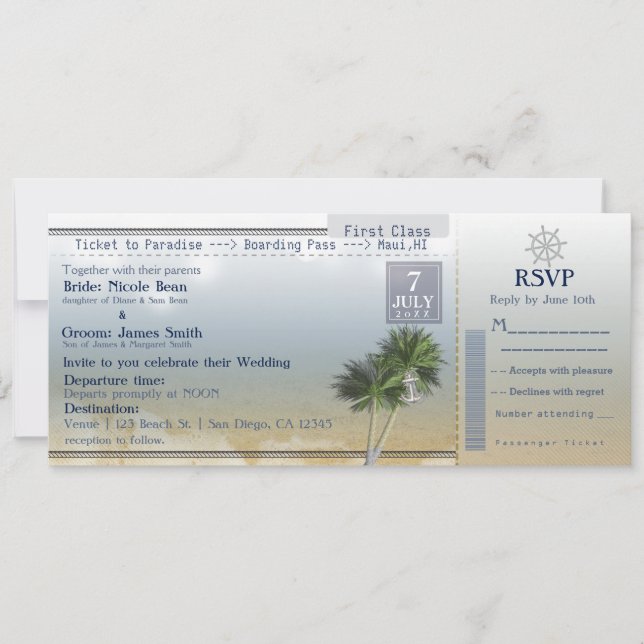 Bröllopsinbjudningar för resmål Ticket to Paradise Inbjudningar (Framsida)