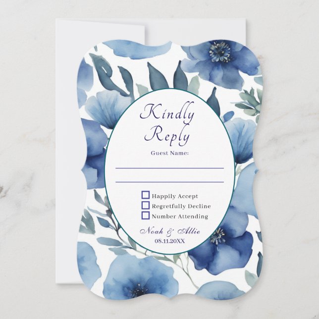 Bröllopsinbjudningar för Serene Blue Blommigt (Framsida)