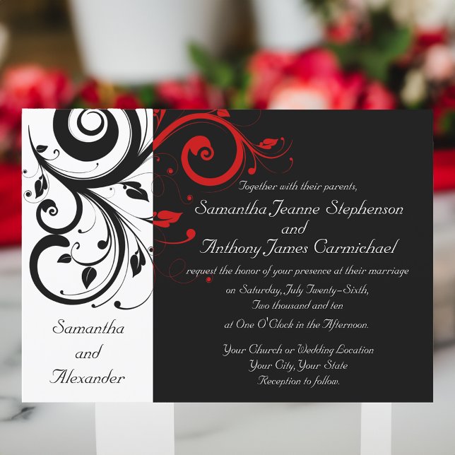 Bröllopsinbjudningar för svart/vitt/rött tvärtom inbjudningar (black and white with red swirl wedding invitations)