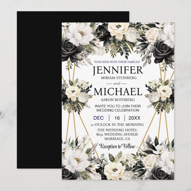 Bröllopsinbjudningar för svartvit Blommigt Inbjudningar (Fram/baksida)