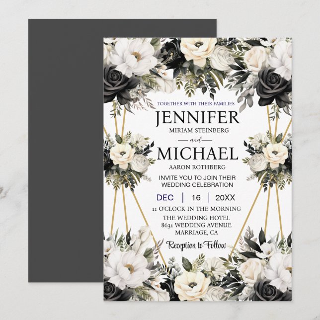 Bröllopsinbjudningar för svartvit Blommigt Inbjudningar (Fram/baksida)