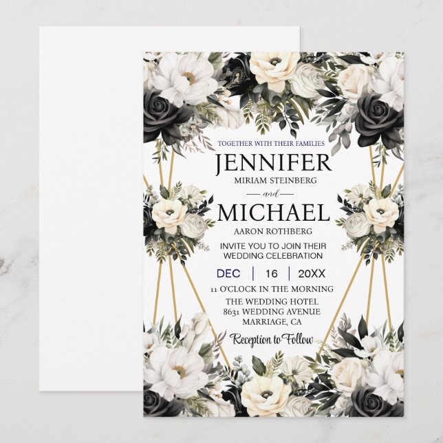 Bröllopsinbjudningar för svartvit Blommigt Inbjudningar (Fram/baksida)