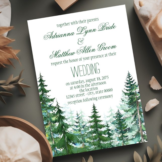 Bröllopsinbjudningar för Träd Inbjudningar (Watercolor fir tree wedding invitations. You can add your own wording, font style and back color.)