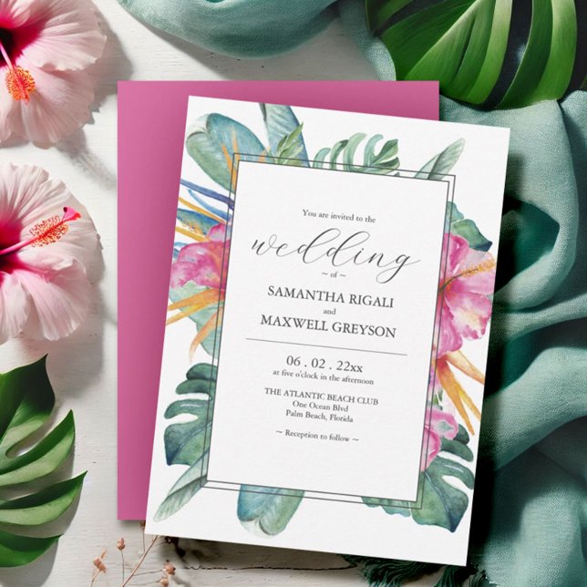 Bröllopsinbjudningar för tropisk Blommigt Inbjudningar (Tropical wedding invitations watercolor floral and palm leaf art Victoria Grigaliunas DoTellABelle)
