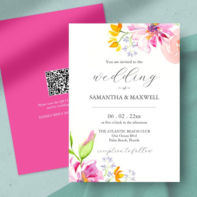 Bröllopsinbjudningar för vattenfärgen Blommigt med Inbjudningar (watercolor floral wedding invites unique pink flower art by Victoria Grigaliunas of Do Tell A Belle)