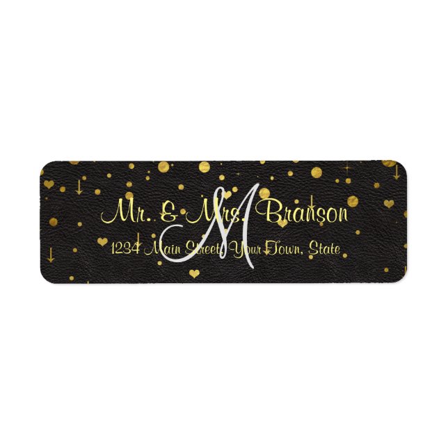 Bröllopsinbjudningar | Guld Confetti Monogram Returadress Etikett (Framsidan)