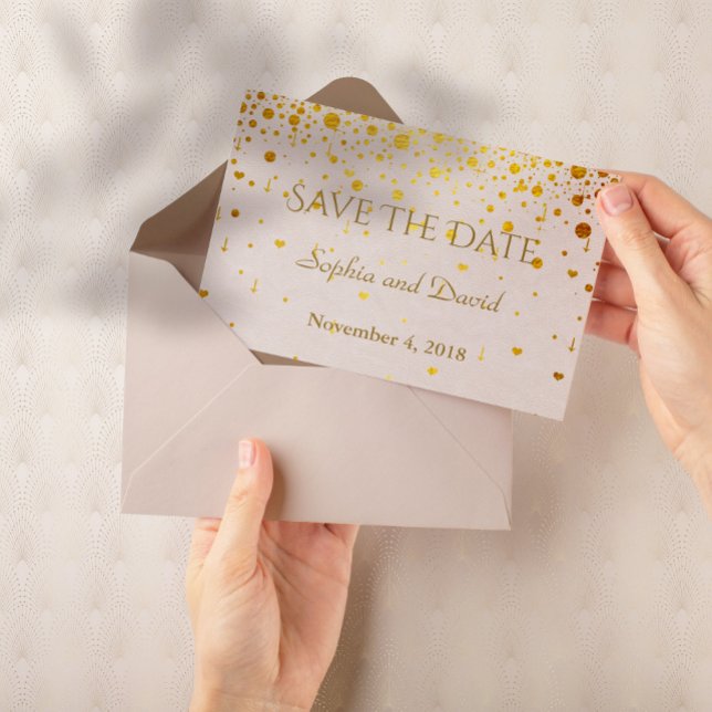 Bröllopsinbjudningar | Guld Confetti SPARAR DATUM Spara Datumet (save the date, wedding gold confetti, elegant, trendy, modern)