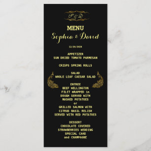 Bröllopsinbjudningar Guld Peacock Black Menu Meny