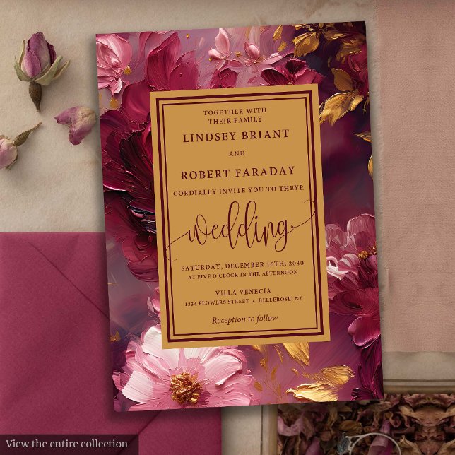Bröllopsinbjudningar i Blommigten Rustic Luxury Bu Inbjudningar (Rustic Luxury Burgundy Gold Floral Wedding Invitation)
