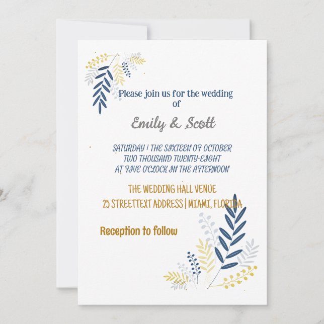 Bröllopsinbjudningar i guld-blått grenar inbjudningar (Framsida)