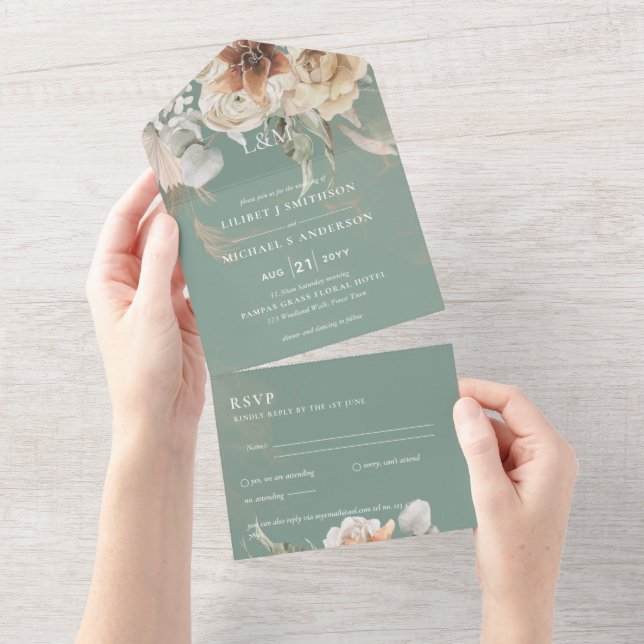 Bröllopsinbjudningar med OSA | BOHO Pampas Grass (Avrivbar del)