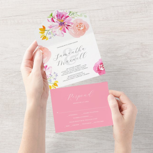 Bröllopsinbjudningar med OSA kort Rosa Flowers (Tearaway)