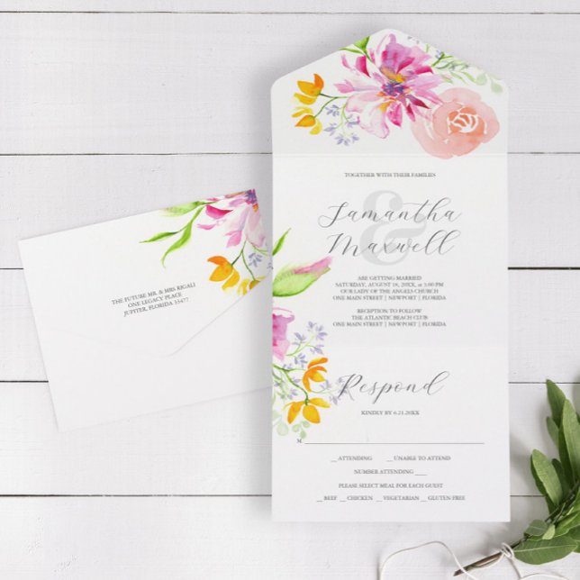 Bröllopsinbjudningar med svarsbrevskort Rosa blomm (Affordable wedding invitation with rsvp card watercolor pink floral art by Victoria Grigaliunas)