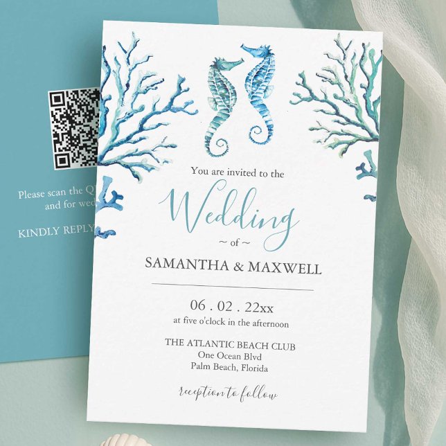 Bröllopsinbjudningar om en budgetbuss inbjudningar (Beach wedding invitations with qr code designed with watercolor seahorses and coral in blue)