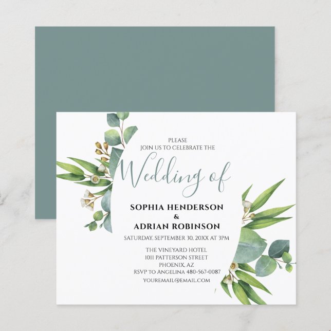 Bröllopsinbjudningar till budgeterade botaniska gr (Fram/baksida)