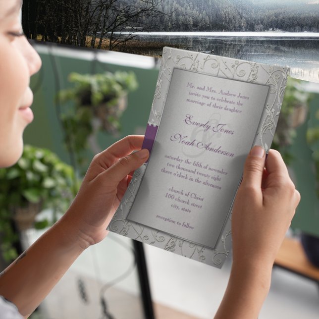Bröllopsinbjudningar till elegant Plum Silver Swir Inbjudningar (Skapare uppladdad)