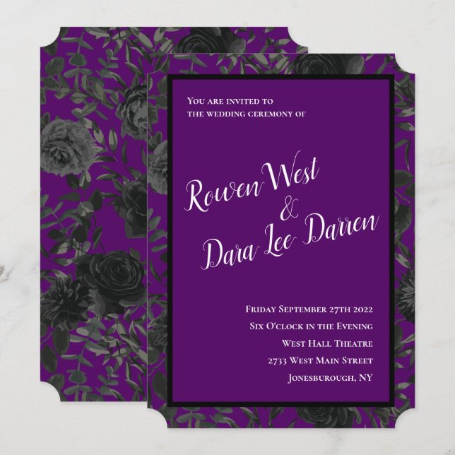 Bröllopsinbjudningar till lila och Svarta Ro Inbjudningar (Fram/baksida)