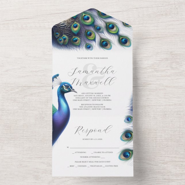 Bröllopsinbjudningar till OSA kort Peacock (Inside)