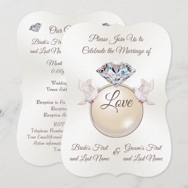 Bröllopsinbjudningar till Ring Diamond Love Bird W Inbjudningar (Fram/baksida)