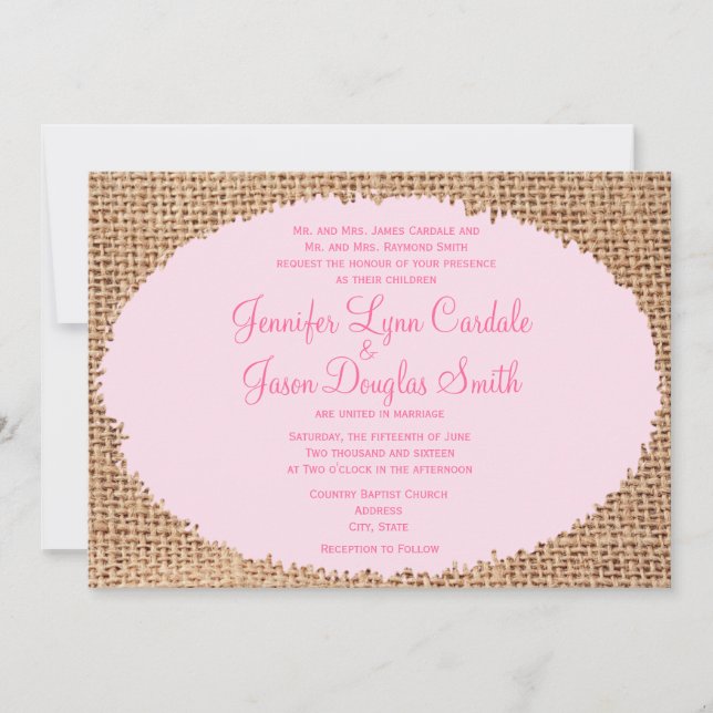 Bröllopsinbjudningar till Rustic Land Burlap Rosa Inbjudningar (Framsida)