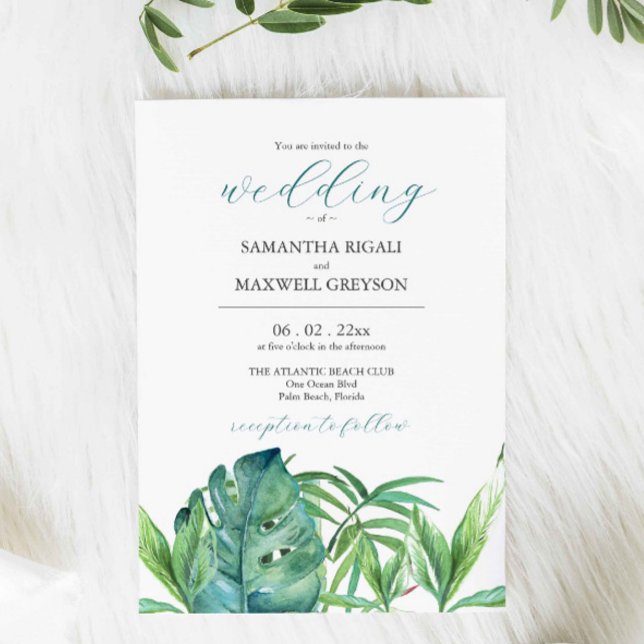 Bröllopsinbjudningar till Tropical Destination Han Inbjudningar (Wedding invitation destination weddings watercolor tropical palm leave art by Victoria Grigaliunas)