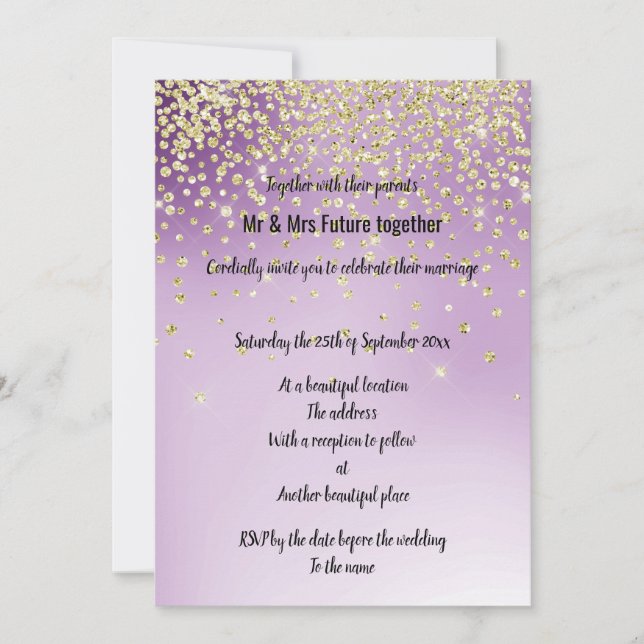 Bröllopsinbjudningar vid lila Guld Glitter Inbjudningar (Framsida)