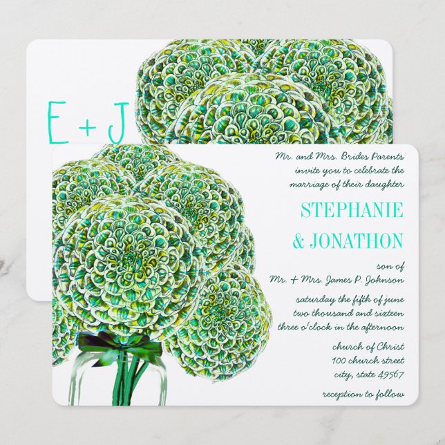 Bröllopsinbjudningarna Mint och Emerald Zinnia Mas Inbjudningar (Fram/baksida)