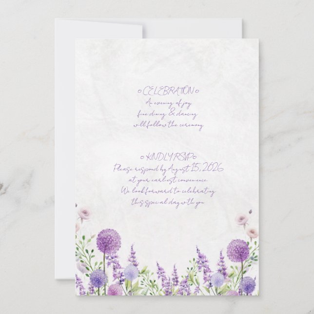 Bröllopsinbjudningskort Lila blommor  Inbjudningar (Baksida)