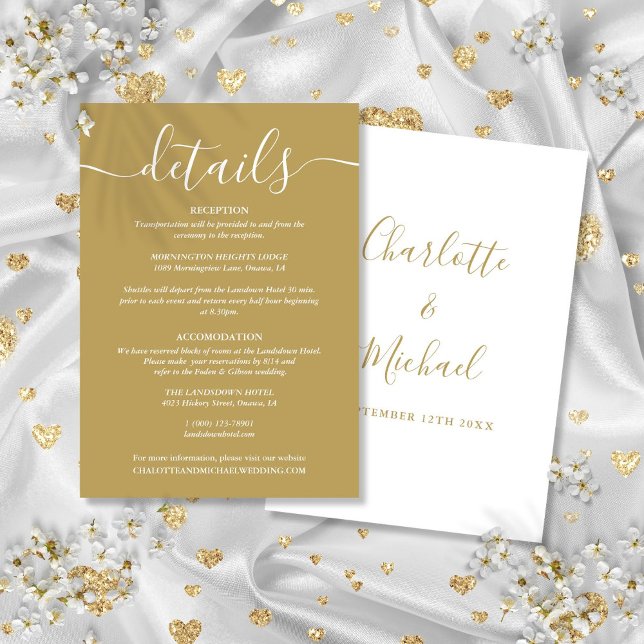 Bröllopsinformation i guld detaljerad information tilläggskort (Script Gold Wedding Details Information Enclosure Card)