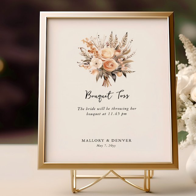 Bröllopsinformation om Bouquet Toss Neutralt Poster (Bouquet Toss Sign from Romantic Wedding signs collection by Darling & May)