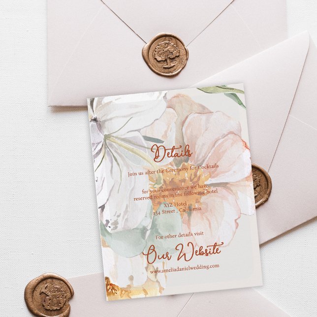 Bröllopsinformationskort | Blush Rosa Blommig Tilläggskort (Floral Wedding Details Card | Blush Peach Watercolor Information Insert)