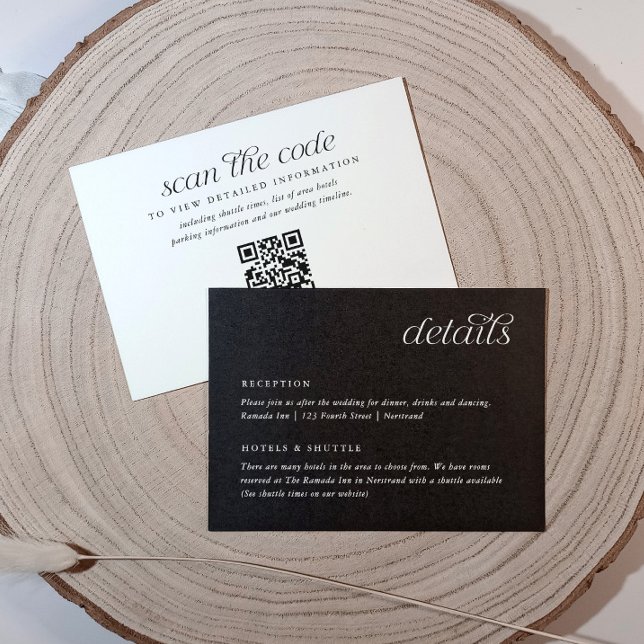 Bröllopsinformationskort Enkla Minimalistiska Deta Tilläggskort (Wedding information card - modern, minimalist, simple and elegant black with white text and qr code)