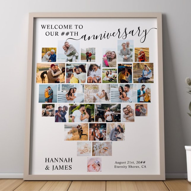 Bröllopsjubileum Script Hjärta Fotocollage Poster (Wedding Anniversary poster - available printed or as a printable digital download)