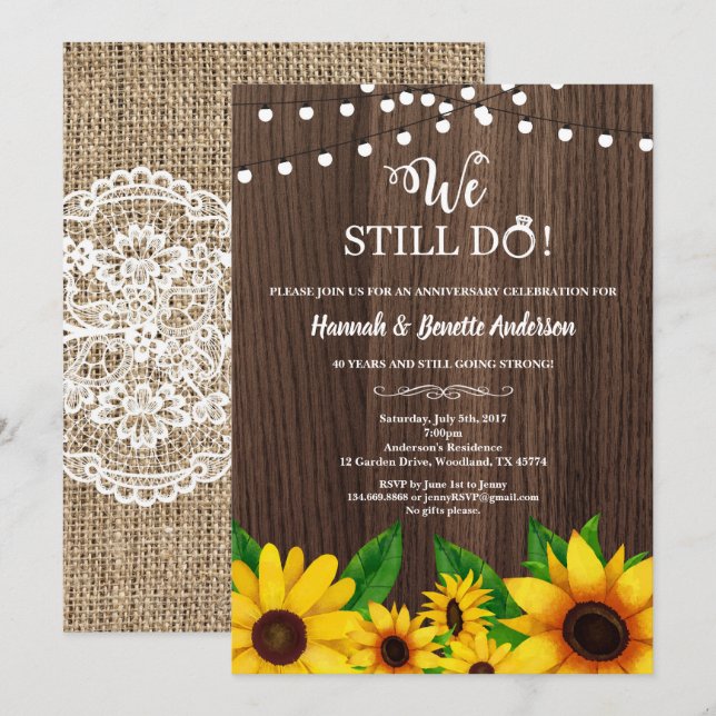 Bröllopsjubileums inbjudan Solros rustic (Fram/baksida)