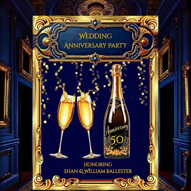 Bröllopsjubileumsfest Guld Blå Champagne Inbjudningar (Skapare uppladdad)