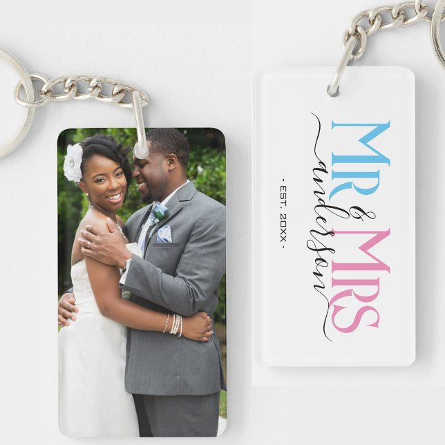 Bröllopsjubileumsfoto för herr- och fru nygifta (newlywed couple mr and mrs keychain with photo)