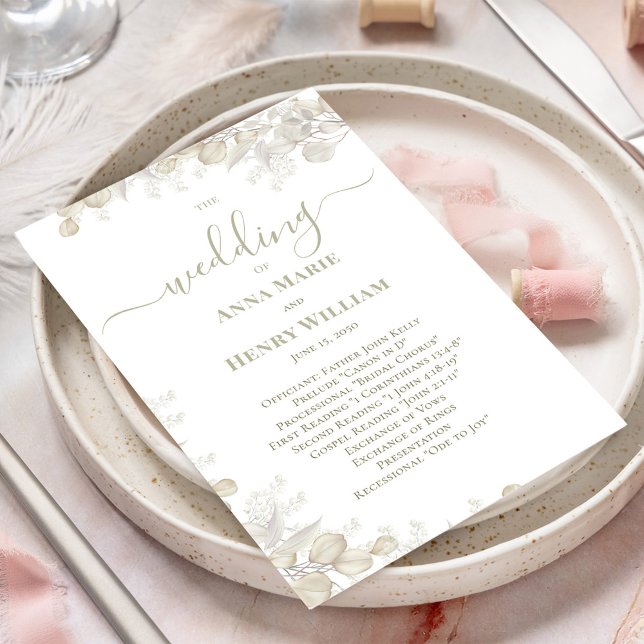 Bröllopskalligrafi Blommig Sagegrön Program (Welcome wedding program with elegant sage green greenery and calligraphy script. )