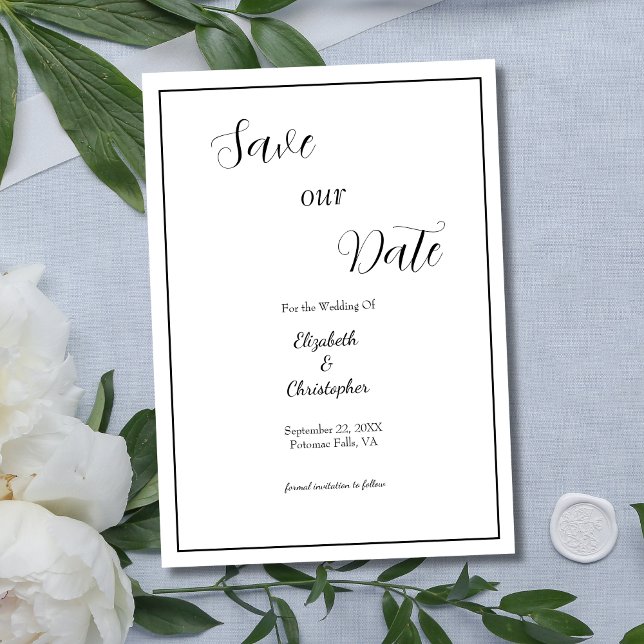 Bröllopskalligrafi formell traditionell vigsel spara datumet (Black White Calligraphy Script Minimalist Modern Elegant  Wedding Save the Date Card)