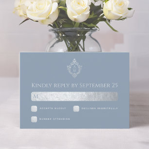 Bröllopskam Dusty Blue Monogram Falskt Silverfolie OSA Kort