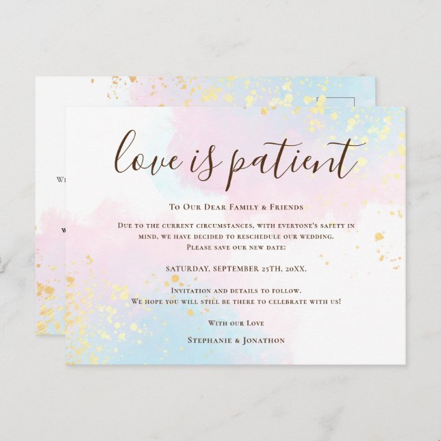 Bröllopskärlek är tålamod väntar nytt datum teal r meddelande vykort (Fram/baksida)