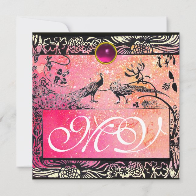 BRöllopsKÄRLEK FÅGLAR MONOGRAM svart gul rosa rubi Meddelande (Framsida)