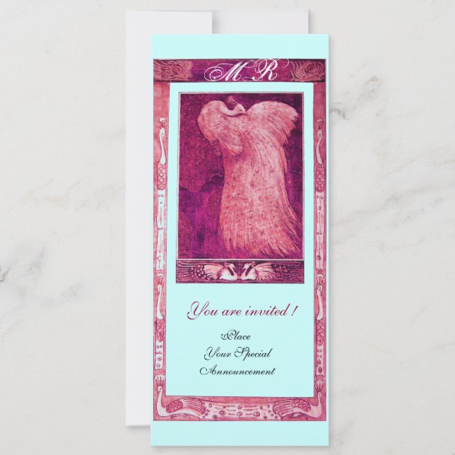 BRöllopsKÄRlek PAfågEL MONOGRAM ,rosa röd vit blå Inbjudningar (Framsida)
