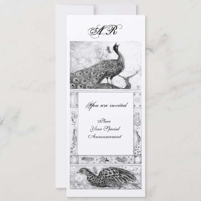 BRöllopsKÄRlek påfåglar MONOGRAM svart vit silver Inbjudningar (Framsida)