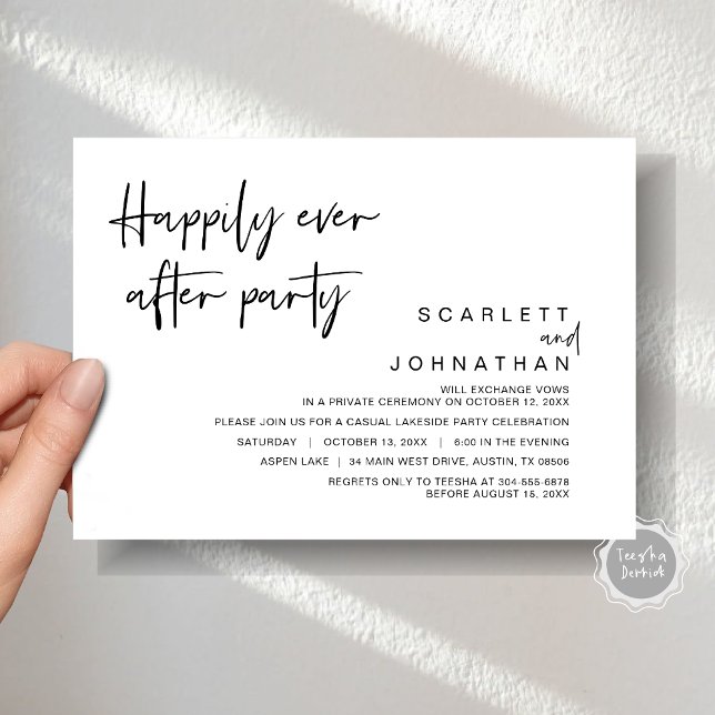 Bröllopskavalkad, Lycklig För Evigt-fest Inbjudningar (Wedding Elopement, Happily Ever After Party Invitation Card, Printed file, Modern minimalist script)