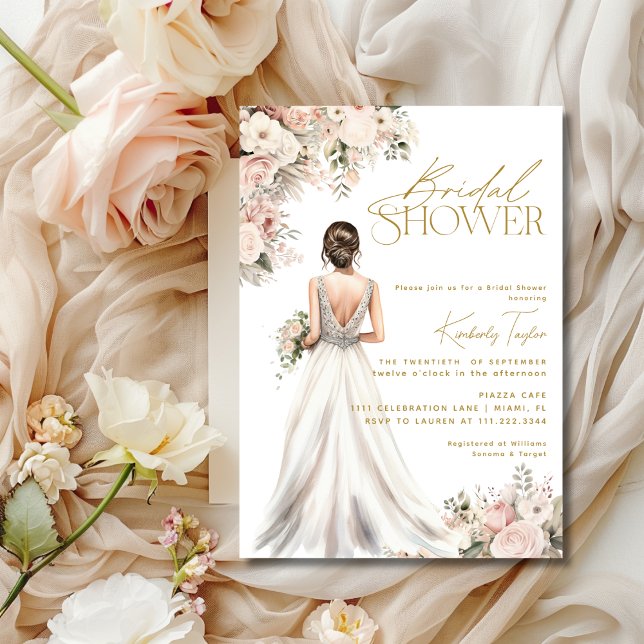 Bröllopsklänning Brunett Blommig Bröllopsfest Inbjudningar (Wedding Dress Gown Brunette Floral Bridal Shower Invitation)