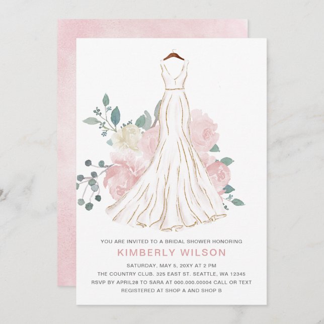 Bröllopsklänning i rosa blomster för bröllopsdusch inbjudningar (Fram/baksida)
