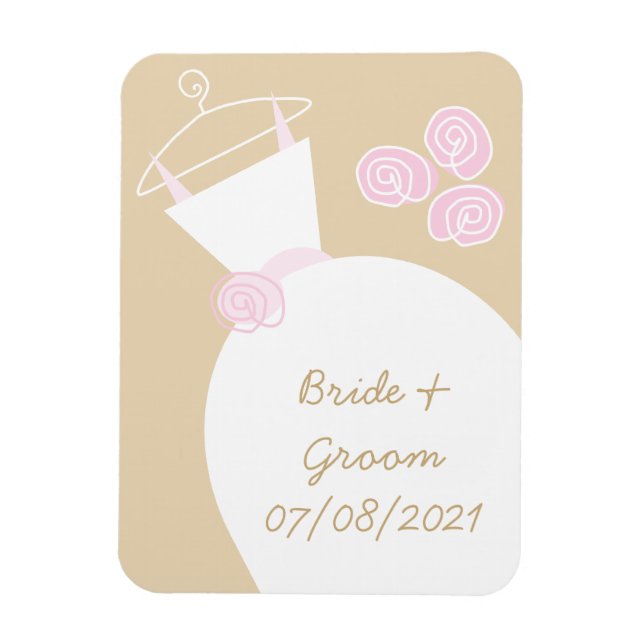 Bröllopsklänning Rosa Beige 'Namnen och Datum' Mag Magnet (Vertikal)