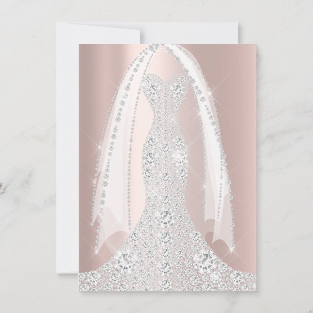 Bröllopsklänning Vit Klänning Gyllene Rosa Diamant Inbjudningar (Baksida)