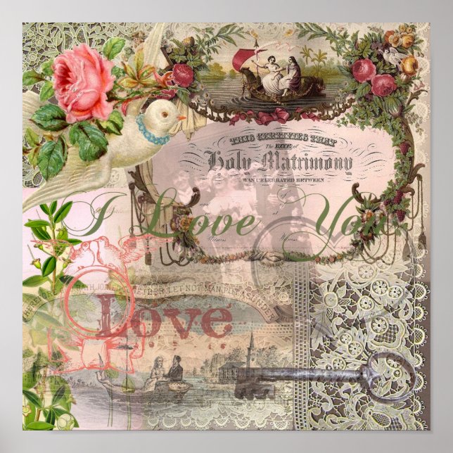 Bröllopskollage Vintage Bröllopsblommor Poster (Framsidan)