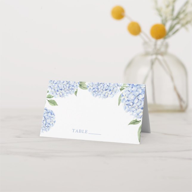Bröllopskort, Blå Hydrangea Kant Escort Placeringskort (Framsida)